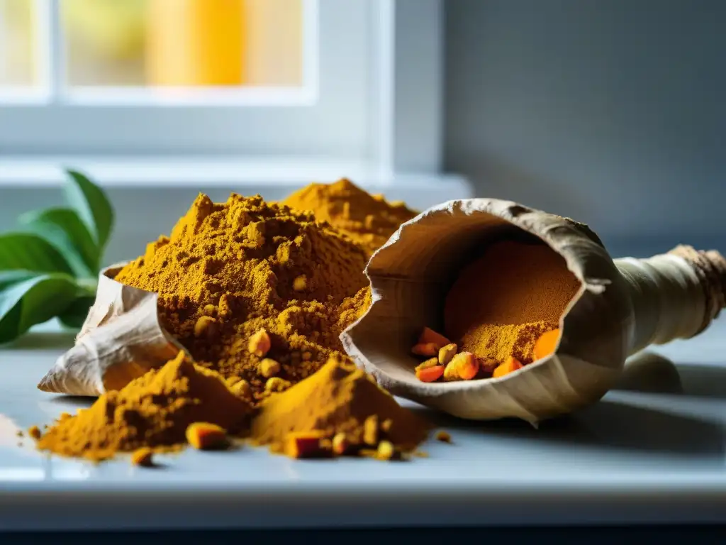Raíces de cúrcuma fresca: detalle y elegancia en la cocina Raíces de cúrcuma fresca y vibrante en una cocina moderna, bañadas por luz natural