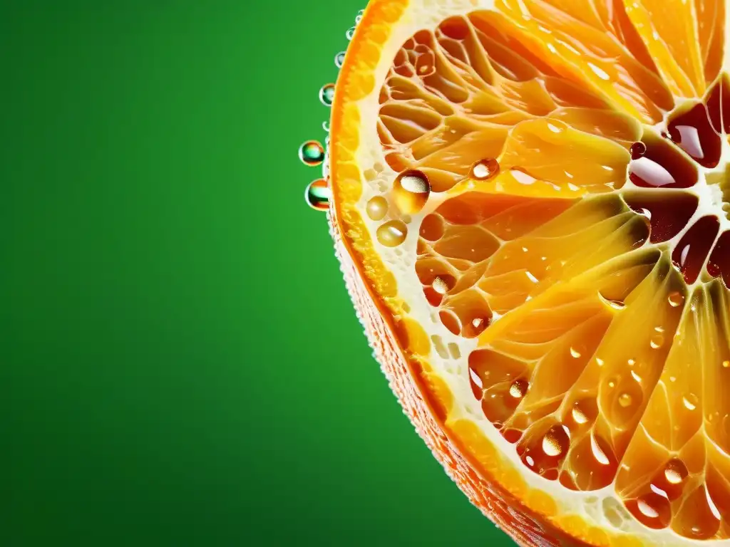 Detalles asombrosos de una rodaja de naranja llena de vitalidad Una rebanada de naranja vibrante, con detalles ultraprecisos, resalta su red de diminutas vesículas llenas de vitamina C