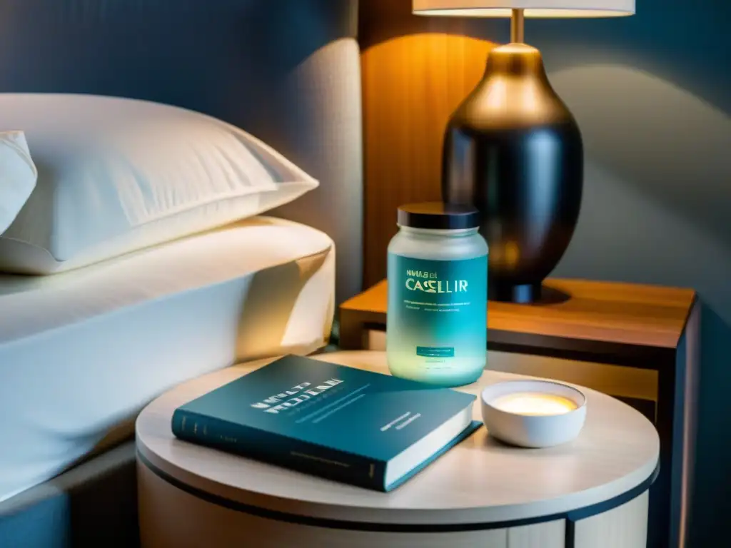 Proteína micelar para recuperación nocturna: un batido junto a la cama Una reconfortante proteína Micellar Casein para el catabolismo nocturno, junto a la cama y una luz suave, transmitiendo calma y recuperación