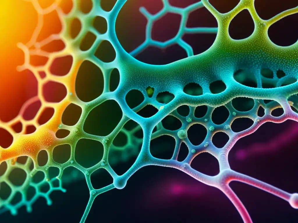 Microbiota diversa en red futurista Una red compleja de bacterias y microorganismos en vibrantes colores, sobre un fondo futurista, evocando la eficacia de suplementos en la microbiota