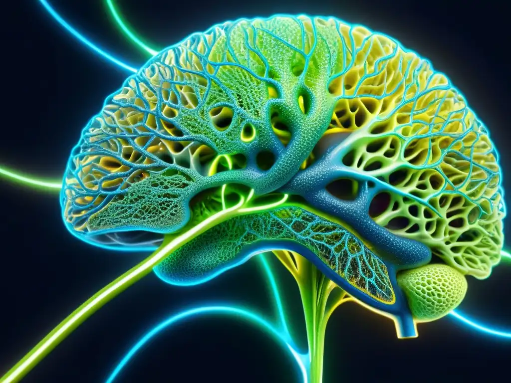 Red Neuronal Brillante: Omega3 y Salud Cerebral Una red neural vibrante y detallada en tonos azul y verde, simbolizando la atención cerebral y los beneficios del Omega 3