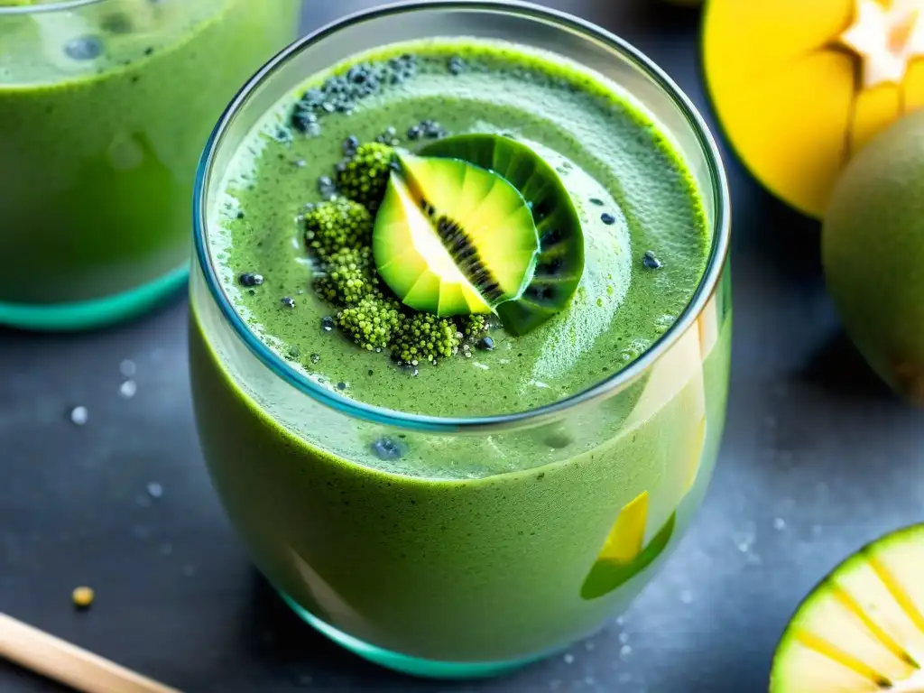 Deliciosa y refrescante bebida detox verde en vaso de cristal Un refrescante smoothie verde en un vaso de cristal, con capas de ingredientes naturales y una decoración de kiwi