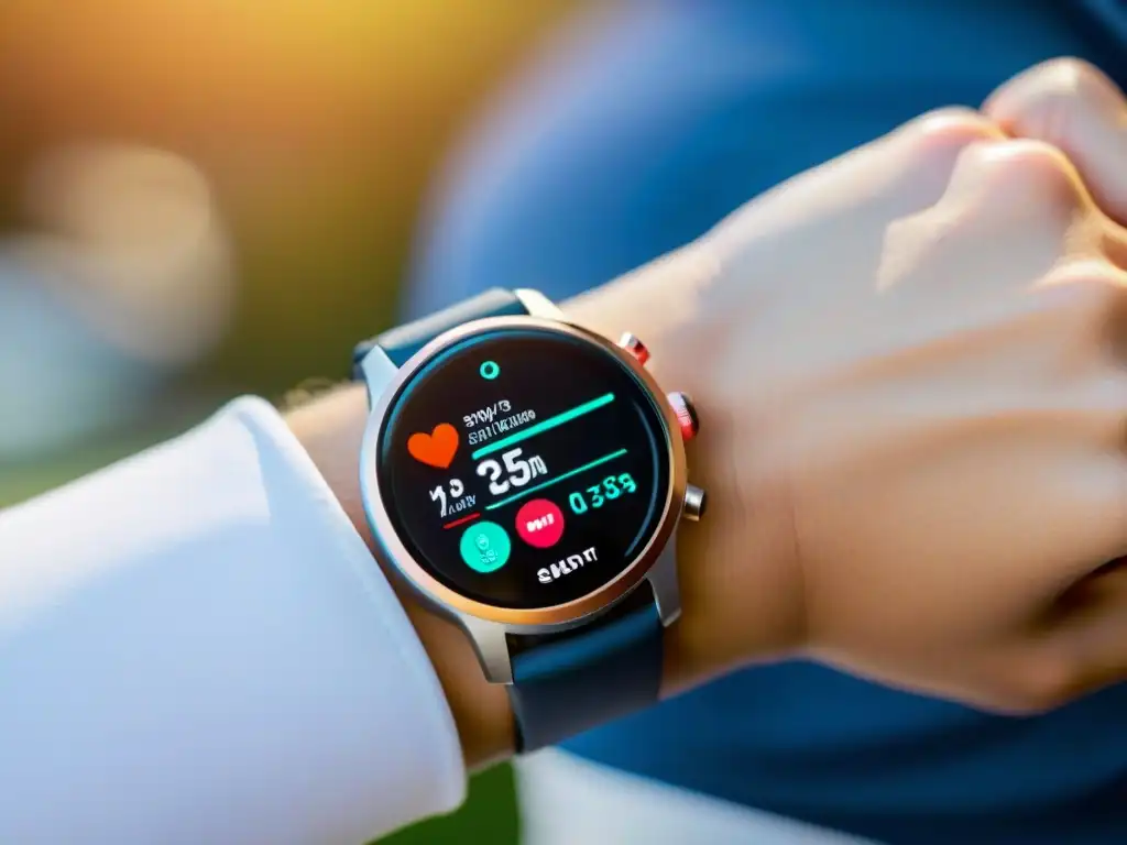Smartwatch deportivo: seguimiento de fitness y suplementos Un reloj inteligente moderno muestra datos de entrenamiento en tiempo real y la integración sin problemas de suplementos deportivos