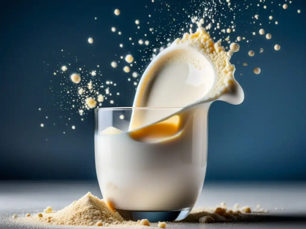 Proteína en acción: polvo derramado en leche Un remolino de partículas de polvo de proteína cae en un vaso de leche, iluminado por una luz natural suave y dramática