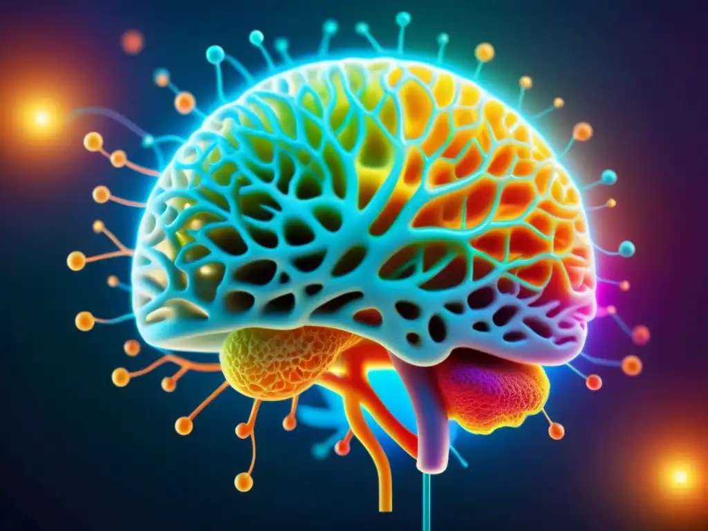 Modelo de cerebro vibrante: sinapsis y neuronas Una representación detallada y vibrante de un modelo cerebral con sinapsis y neuronas brillantes, rodeado de energía colorida