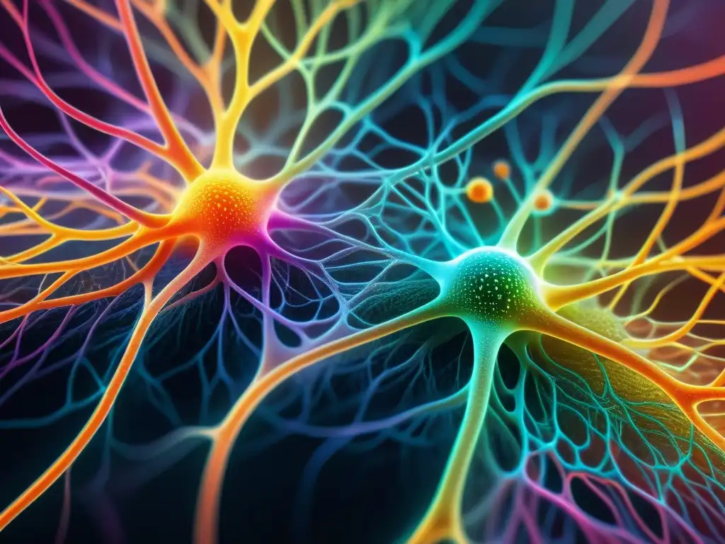 Red de neuronas en el intestino: ciudad futurista brillante Una representación detallada y vibrante de la red de neuronas en el intestino humano, mostrando conexiones complejas y actividad neural