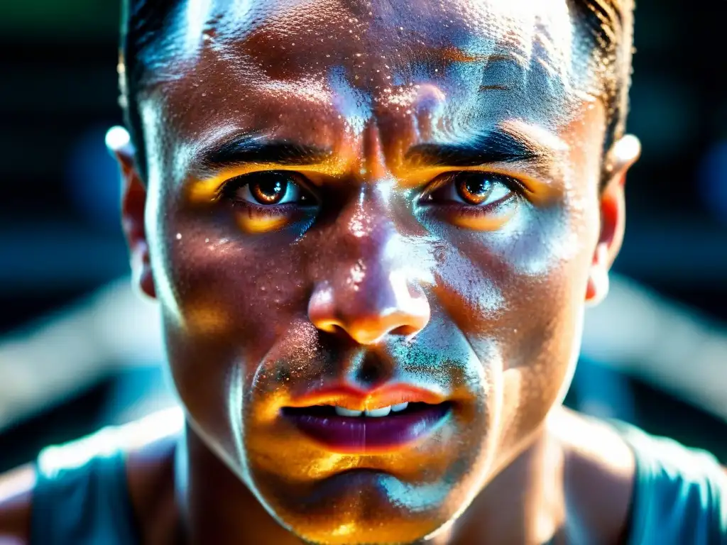 Determinación en Acción: Rostro Sudoroso de Atleta Retrato detallado de un atleta sudoroso, mostrando determinación y esfuerzo