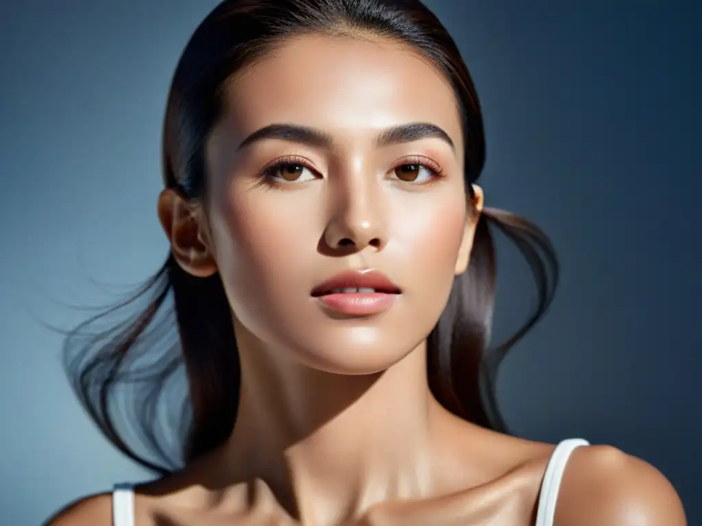 Joven radiante: beneficios de aminoácidos para piel y cabello Retrato de una joven con piel radiante y cabello saludable, resaltando los beneficios de los aminoácidos esenciales para la piel y el cabello