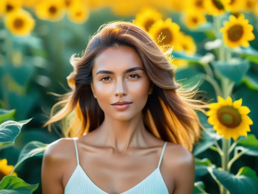 Radiante mujer entre girasoles: vitamina E para piel y cabello Retrato de mujer entre girasoles con piel radiante y cabello brillante, resaltando los beneficios de la vitamina E para piel y cabello