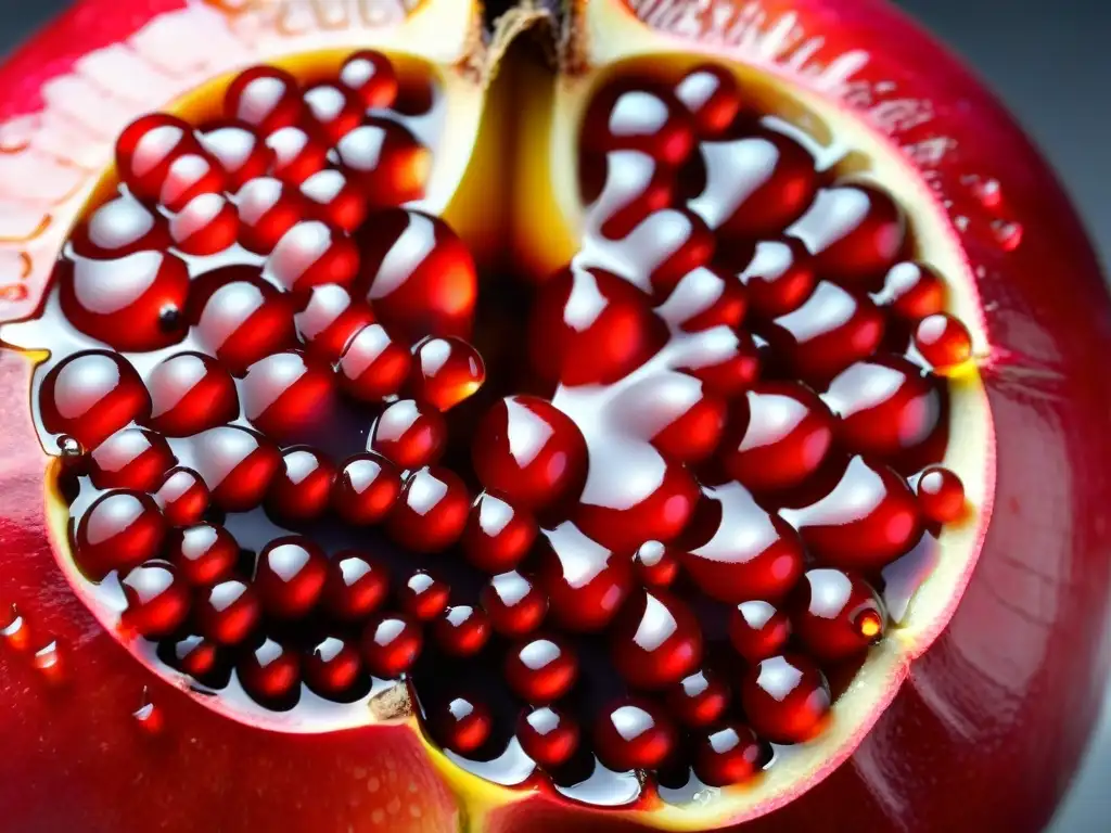 Pomegranate: Jugosas semillas rojas en un exquisito detalle Rica granada madura abierta, revelando sus jugosas semillas rojas y brillantes en un patrón geométrico