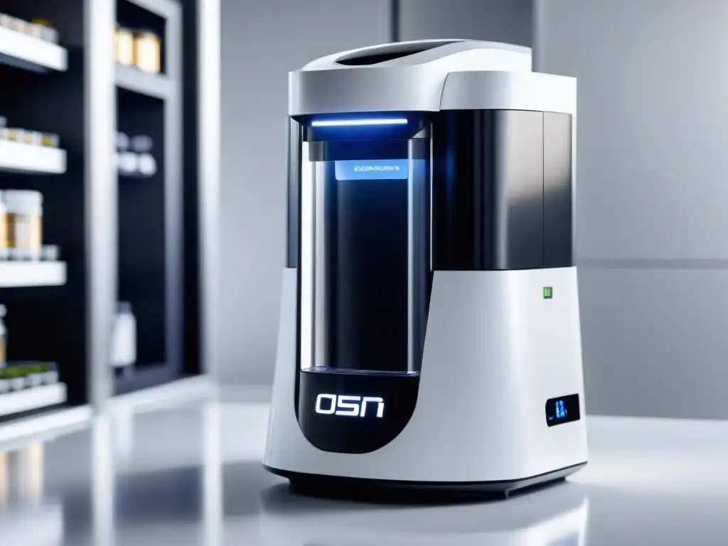 Robot dispensador de suplementos con IA avanzada en laboratorio moderno Un robot dispensador de suplementos nutricionales con Inteligencia Artificial en un laboratorio blanco y moderno