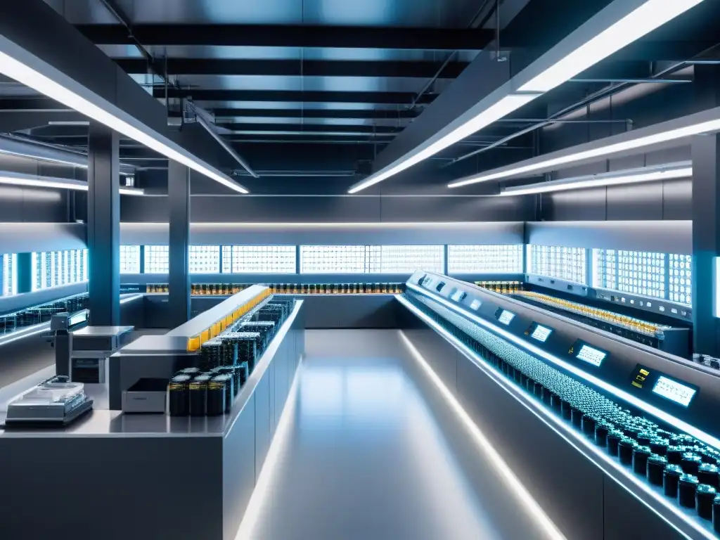 Fabricación de suplementos nutricionales con tecnología blockchain Robots montando suplementos nutricionales en fábrica futurista, bajo luz LED