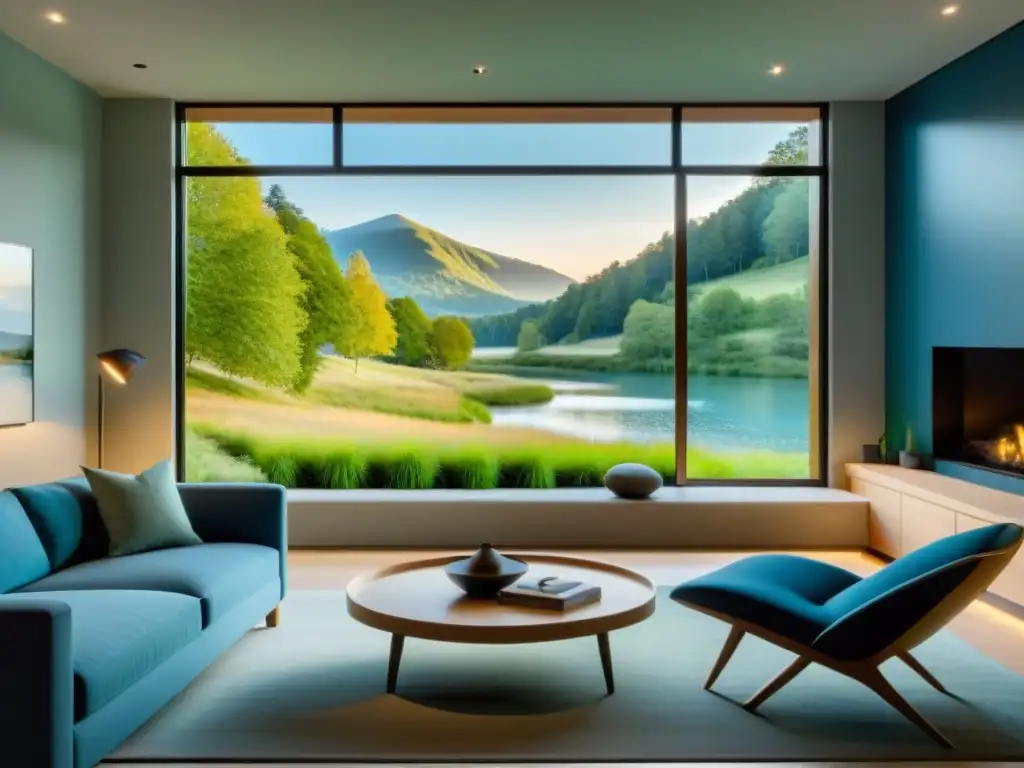 Sala de estar moderna con vista a paisaje natural Una sala moderna y serena con vista a paisaje natural