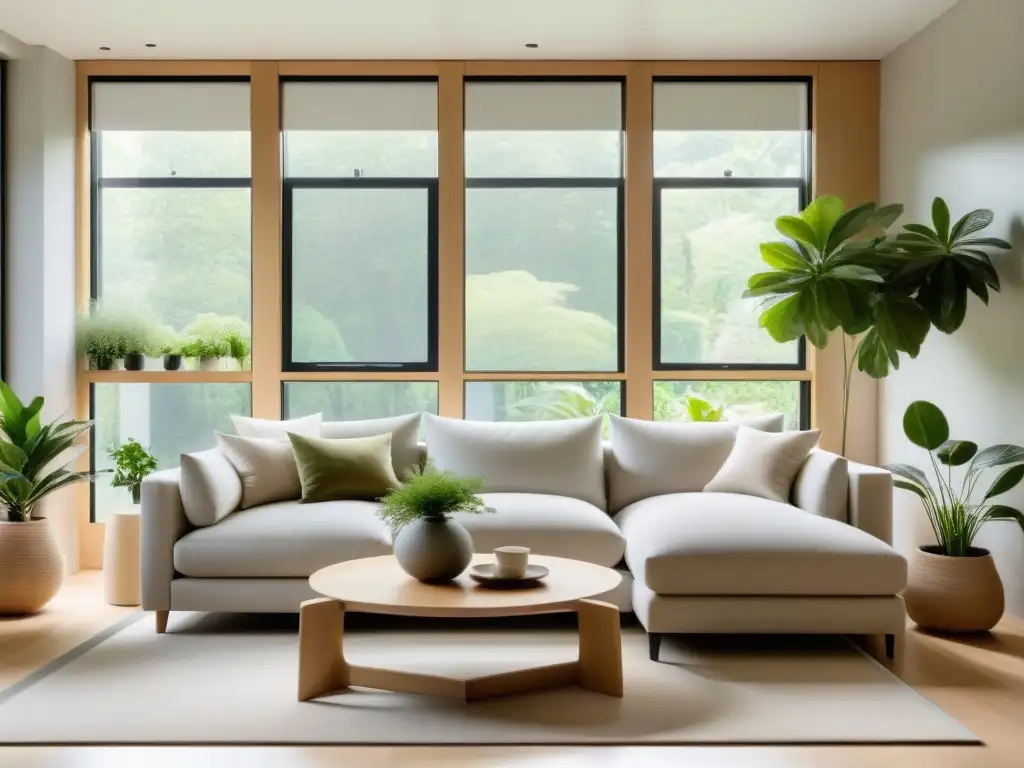 Sofá moderno y relajante en sala luminosa Un salón moderno y sereno con un amplio sofá bañado por luz natural