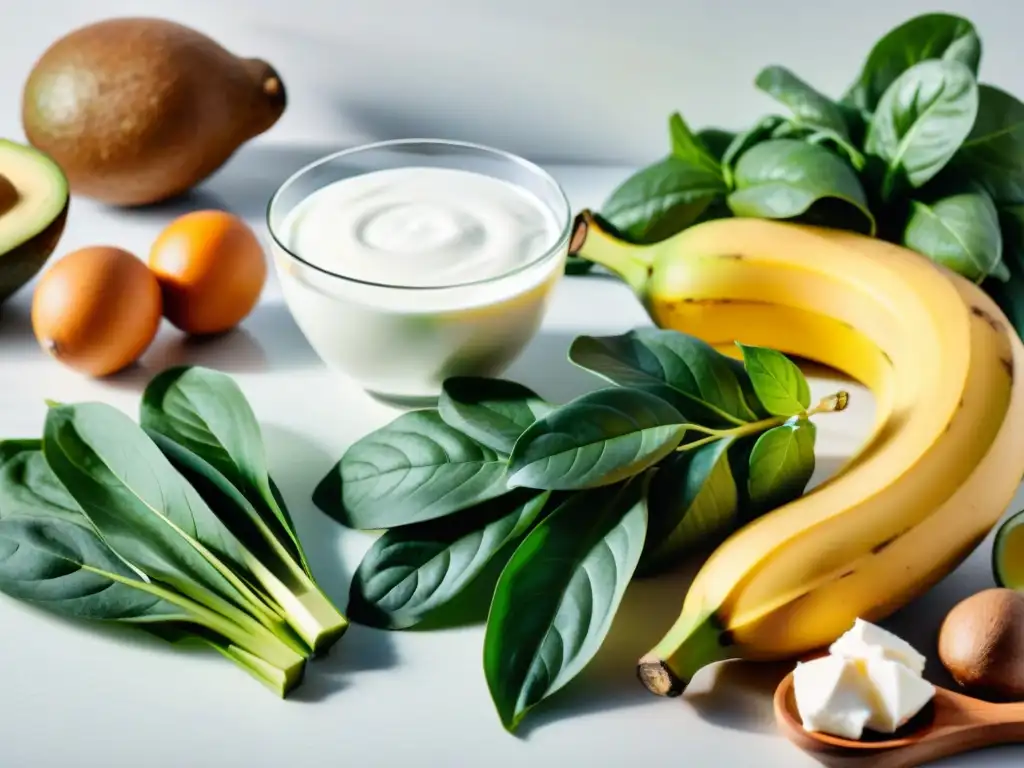 Alimentos ricos en potasio para un corazón saludable Una selección de alimentos ricos en potasio se muestra en una encimera de cocina moderna, destacando colores vibrantes y texturas