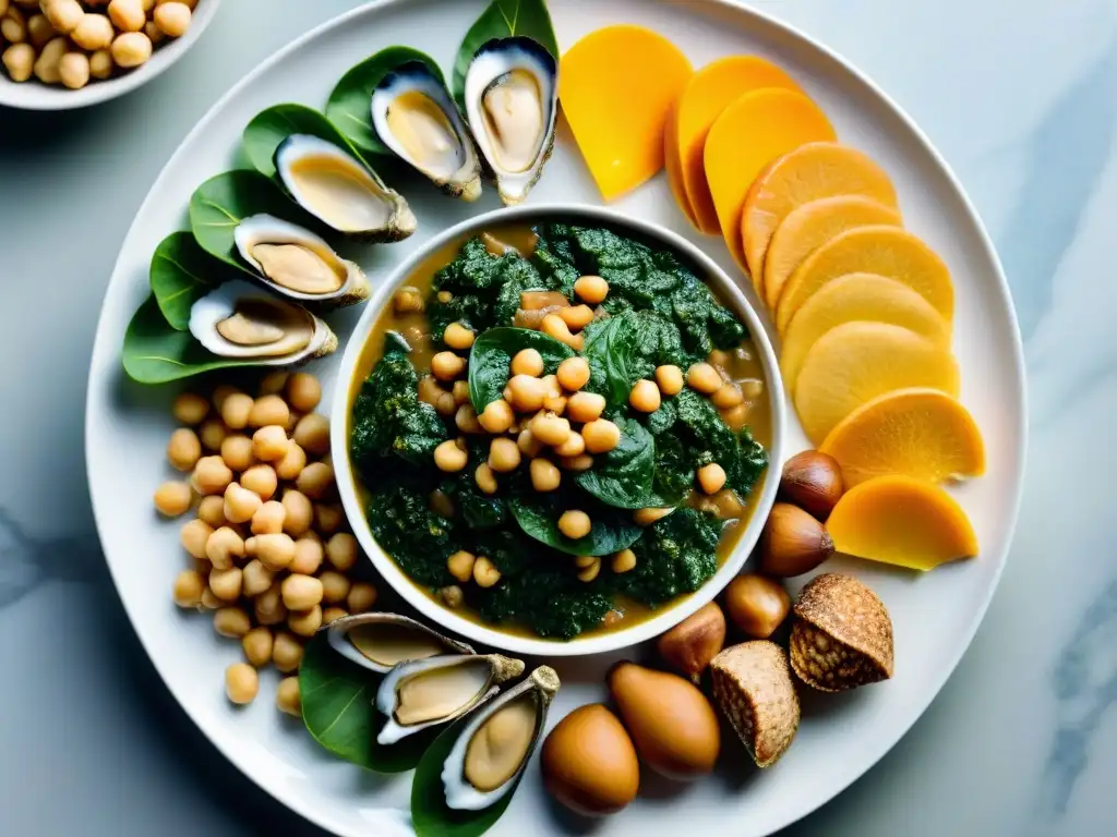 Alimentos ricos en zinc: una composición vibrante y tentadora Una selección de alimentos ricos en zinc dispuestos de manera vibrante y apetitosa en un elegante plato