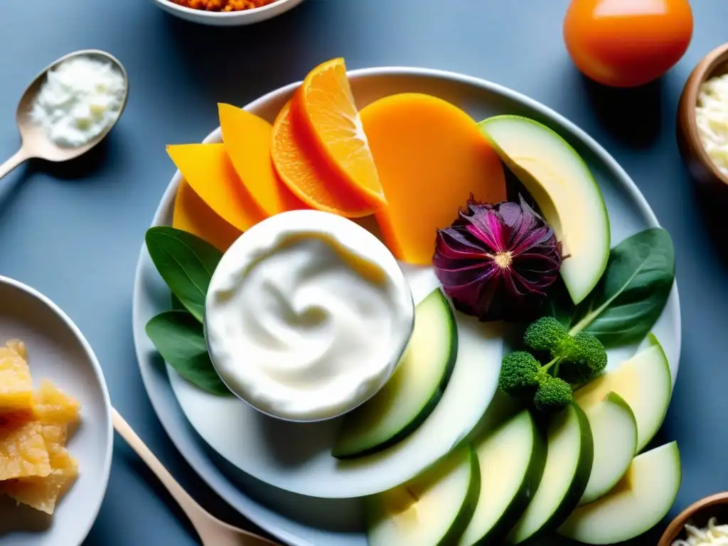 Alimentos Probióticos: Frescura y Salud en Colores Una selección colorida de alimentos ricos en probióticos como yogurt, kéfir, kombucha, chucrut y kimchi en un moderno plato de servicio