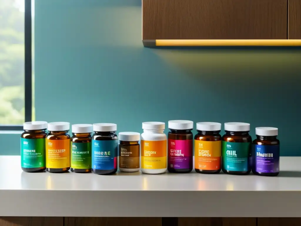 Suplementos saludables en un elegante mostrador Una selección colorida de suplementos ordenados en un mostrador moderno, iluminados por una suave luz natural