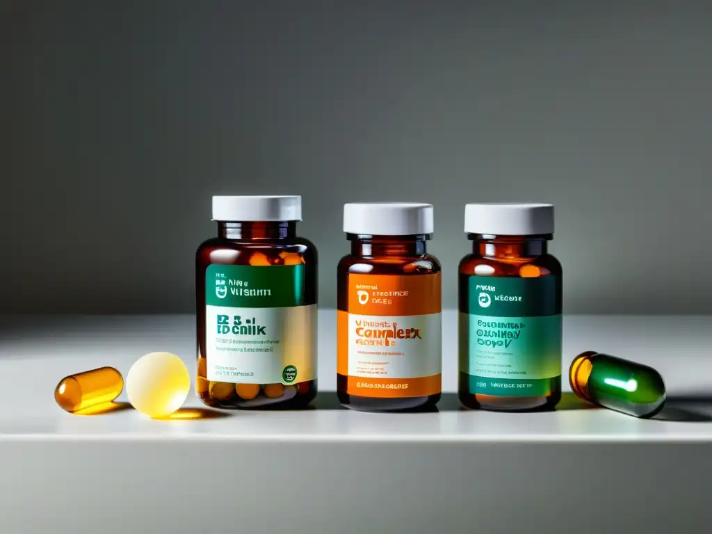 Suplementos de vitamina B: precisión y estilo moderno Una selección ordenada de suplementos de complejo B en botellas de colores, sobre una superficie moderna blanca