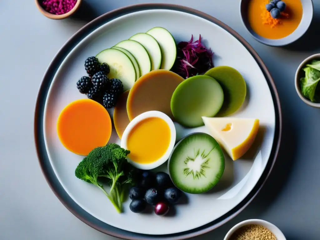 Alimentos veganos probióticos: una explosión de colores y texturas Una selección de probióticos veganos para salud intestinal, presentados con colores vibrantes y texturas tentadoras en un elegante plato de cerámica