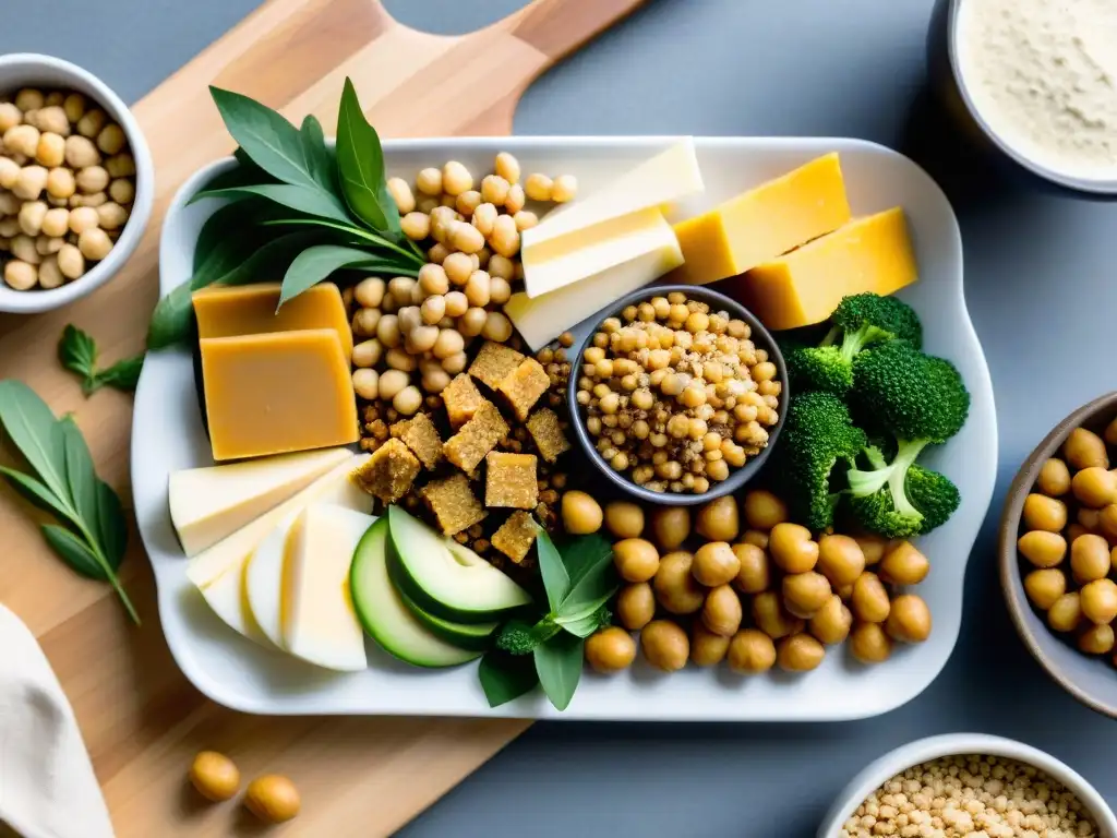 Tabla de proteínas vegetales: quinoa, lentejas, tofu, tempeh y más Selección de proteínas para mantener masa muscular en una moderna presentación en tabla