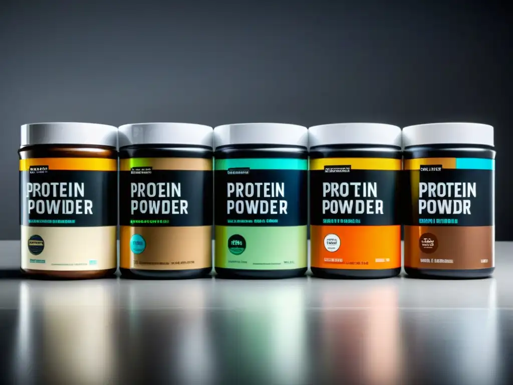 Proteínas en Polvo: Diversidad y Calidad Una selección de proteínas en polvo de alta calidad y diversidad, en envases modernos, sobre un fondo minimalista