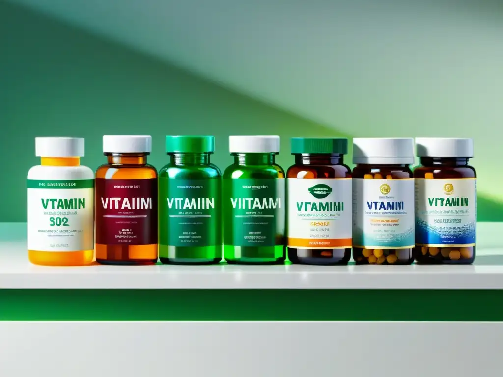 Suplementos Vitamínicos para Adultos Mayores Una selección de suplementos para salud geriátrica en botellas vibrantes y ordenadas sobre un elegante mostrador blanco, iluminadas suavemente