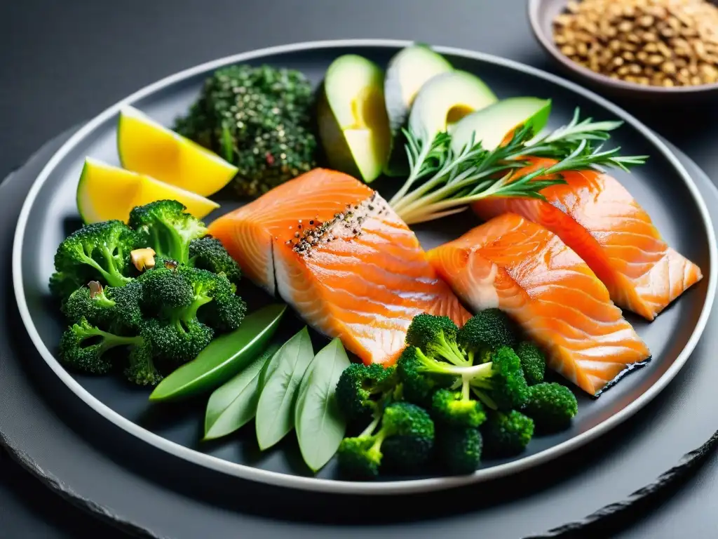 Omega-3: Alimentos frescos y vibrantes en un plato negro Una selección vibrante de alimentos ricos en omega 3 en un elegante plato negro, resaltando los beneficios omega 3 para la atención cerebral