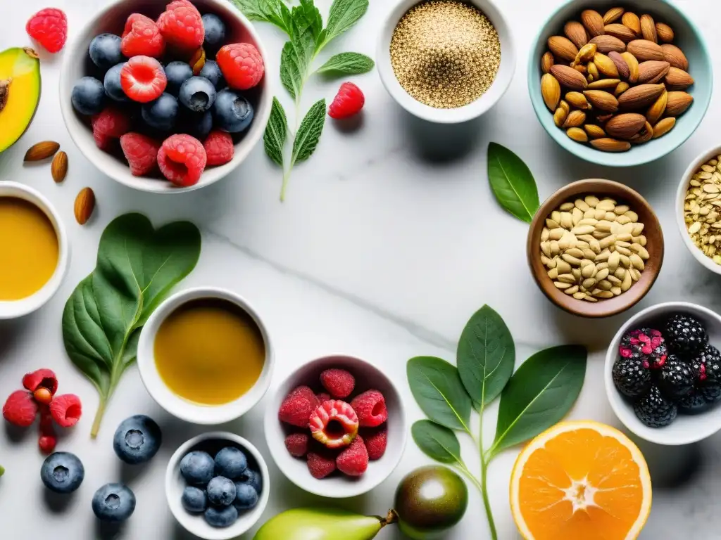 Superfoods frescos en mármol blanco: explosión de color y nutrición Una selección de vibrantes superalimentos frescos y coloridos dispuestos sobre una elegante encimera de mármol blanco