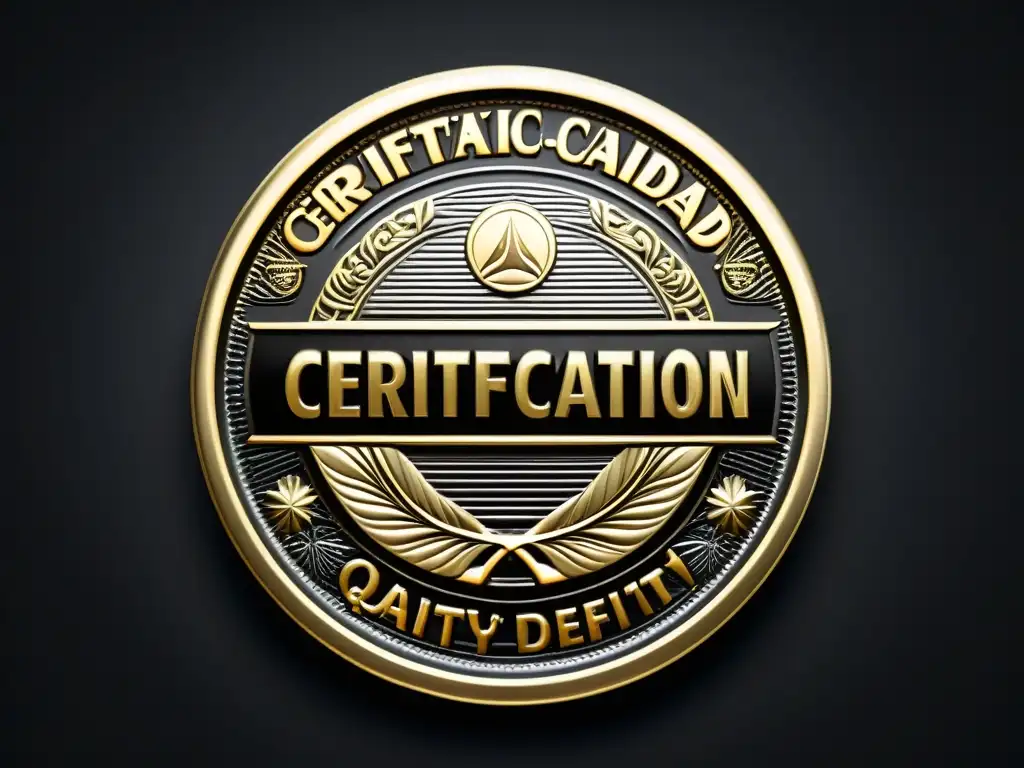 Certificación de Calidad: Sello de Metal Brillante Un sello de calidad metálico brillante con diseños y texto elegante que dice 'Certificación de Calidad'
