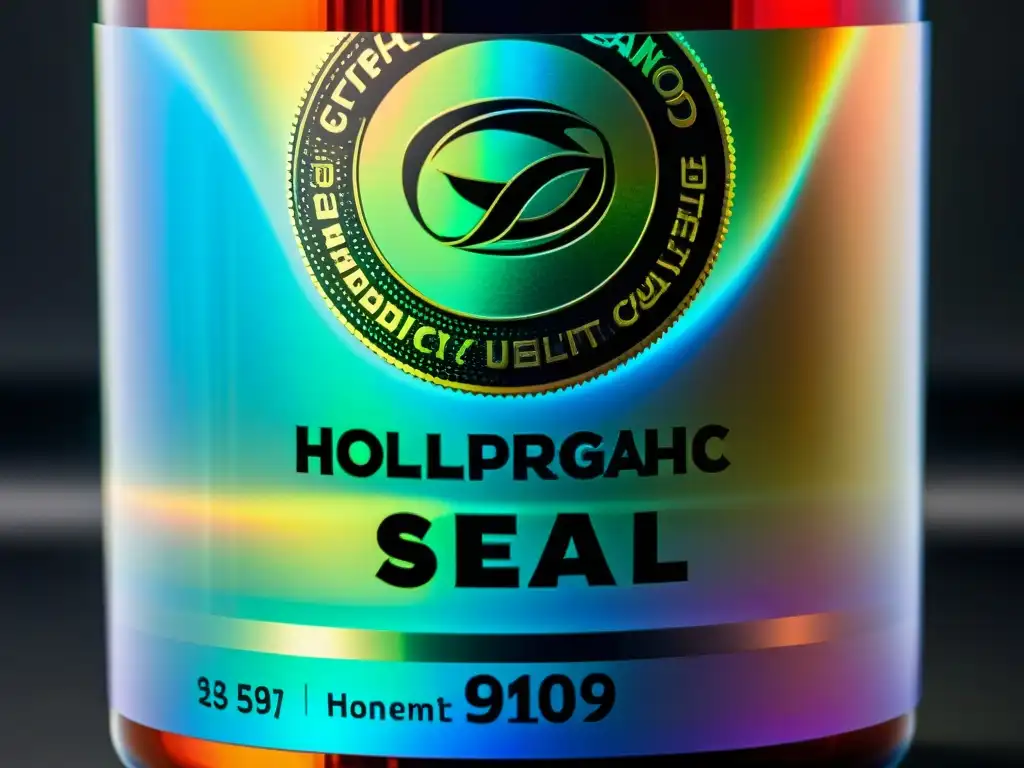 Etiqueta holográfica de calidad para suplementos Un sello holográfico detallado en una botella de suplemento, destaca la autenticidad y calidad