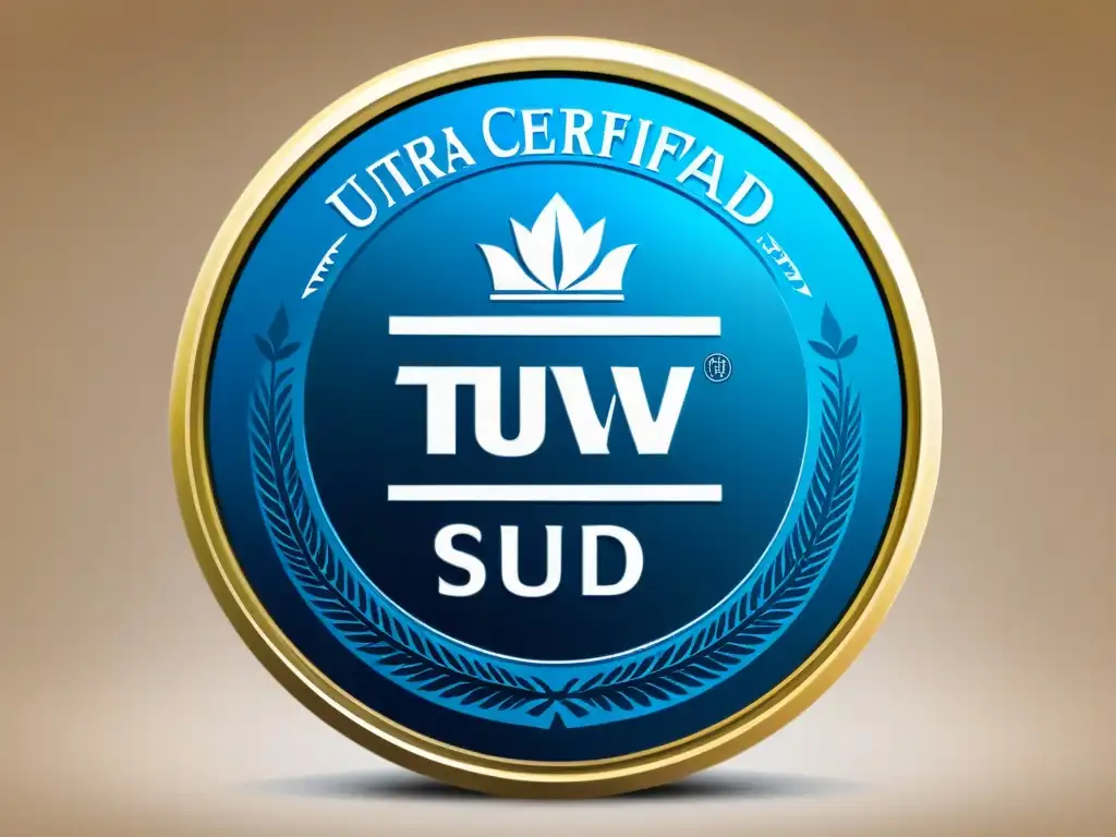 Sello de Certificación TÜV SÜD: Detalles de Calidad Un sello de certificación TÜV SÜD de suplementos nutricionales, detallado y prestigioso, resaltando confiabilidad y calidad
