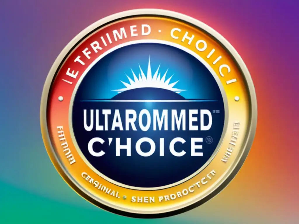 InformeChoice: Sello certificado en productos de salud Un sello de certificación 'InformedChoice' con tipografía moderna y brillo metálico, sobre etiquetas de productos vibrantes