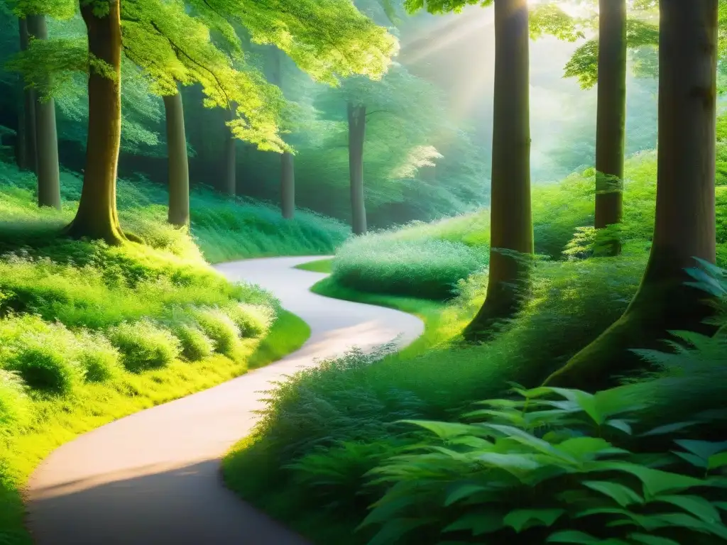 Sendero sereno en el bosque: esperanza y bienestar con suplementos BComplex Sendero serpenteante a través de un bosque verde exuberante, iluminado por el sol