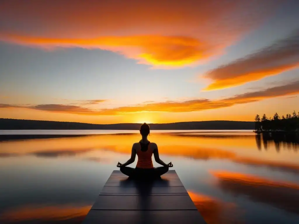 Silueta en el muelle practicando yoga al atardecer sobre un lago calmado y reflejante, con beneficios vitamina D sistema inmune