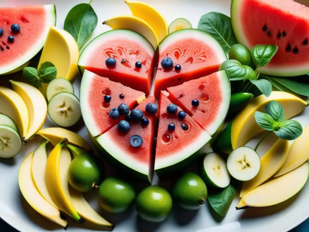 Delicioso corazón de sandía con plátano y frutas frescas Una suculenta y colorida rebanada de sandía en forma de corazón, rodeada de frutas y verduras frescas