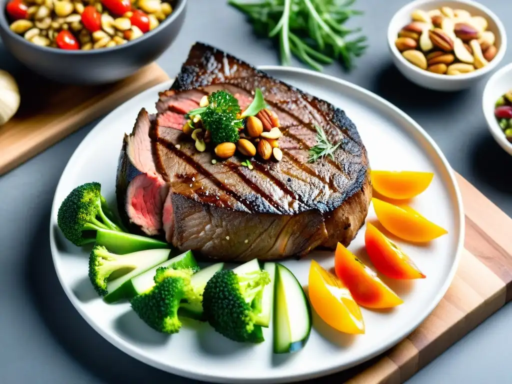 Exquisita carne a la parrilla con vegetales frescos Una suculenta y jugosa steak con marcas de parrilla perfectamente selladas, acompañada de vegetales frescos, nueces y semillas, en una elegante fuente