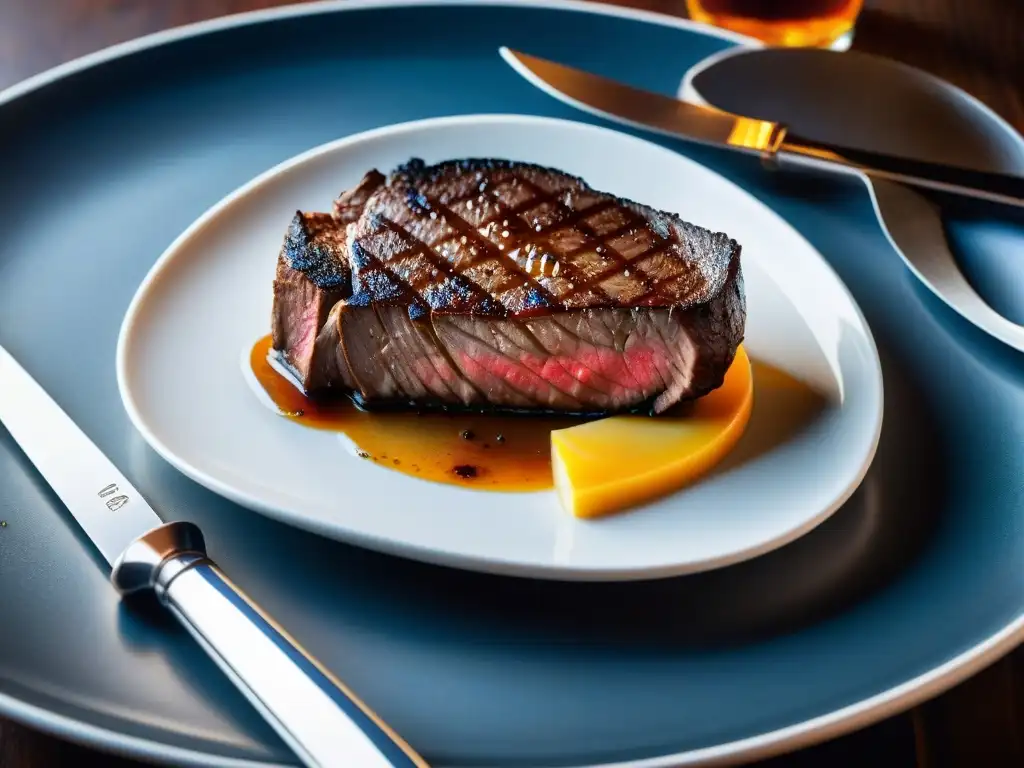 Exquisita carne a la parrilla: detalle y elegancia Suculento filete a la parrilla con jugos brillantes en un plato moderno, transmitiendo calidad premium