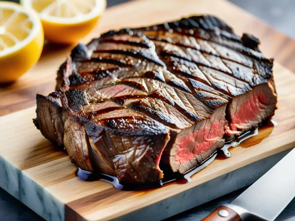 Sabroso filete a la parrilla en cocina moderna Un suculento filete a la parrilla reposando en una tabla de cortar de madera, con jugos brillantes y humo ascendente