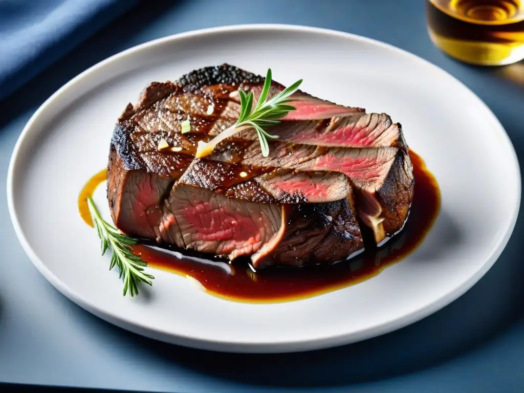 Exquisita carne premium: jugosa y perfectamente cocida Suculento filete premium, perfectamente dorado y jugoso, presentado con elegancia en un plato minimalista