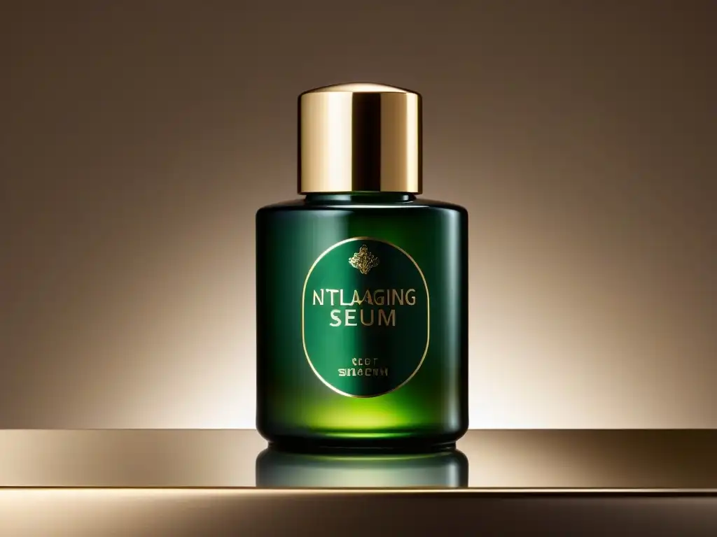 Serum antiaging de lujo en elegante botella de vidrio Un suero lujoso antiage en un elegante frasco de vidrio con iluminación difusa, exudando exclusividad y calidad