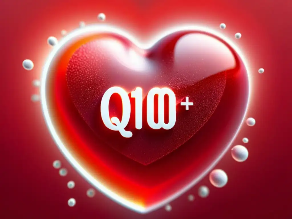 Suplemento de Coenzima Q10 para el Corazón: Detalles Vibrantes Un suplemento de coenzima Q10 en forma de corazón rojo vibrante, con detalles intrincados y una superficie brillante