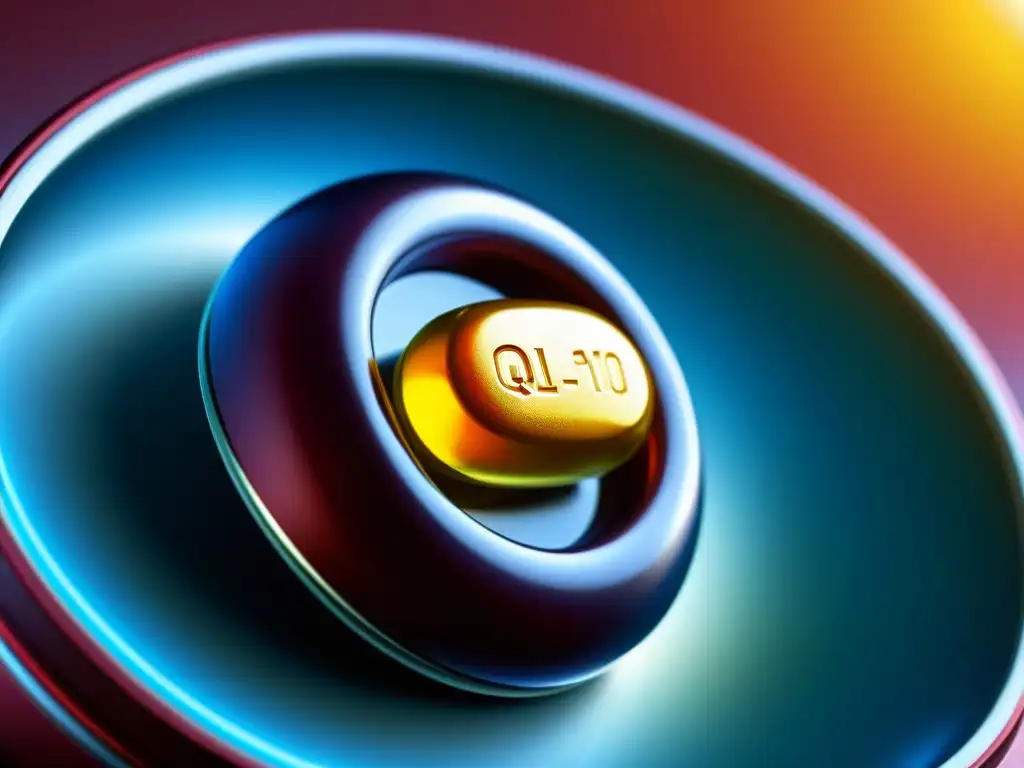 Suplemento de Coenzima Q10: Textura y Color Detallados Un suplemento de Coenzima Q10 que destaca su textura y color vibrante, transmitiendo calidad farmacéutica y avance científico