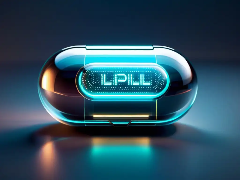 Píldora inteligente futurista y smartphone intercambiando datos Un suplemento inteligente con comunicación: una cápsula futurista transparente con circuitos y luces, junto a un smartphone de alta tecnología