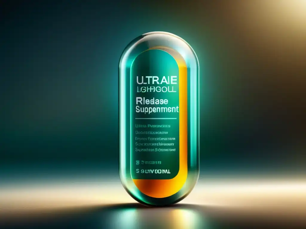 Suplemento de Liberación Lenta: Detalles Transparentes Un suplemento de liberación prolongada con ingredientes clave claramente visibles en una cápsula transparente, en un laboratorio moderno y elegante