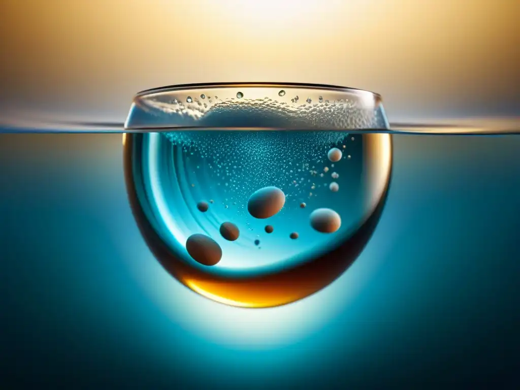 Píldora transparente disolviéndose en agua Un suplemento nootrópico se disuelve en un vaso de agua, creando un efecto visual hipnotizante con corrientes y partículas en movimiento