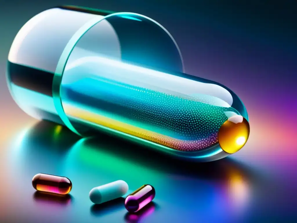 Suplemento personalizado con microperlas de nutrientes Un suplemento nutricional personalizado en una cápsula futurista transparente con microperlas de nutrientes coloridas, creando un efecto iridiscente