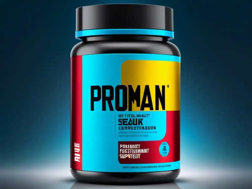 Suplemento de nutrición de alto rendimiento: Ironman y recuperación rápida Un suplemento para recuperación rápida Ironman en botella de diseño moderno y colores vibrantes, con un fondo de equipo deportivo futurista