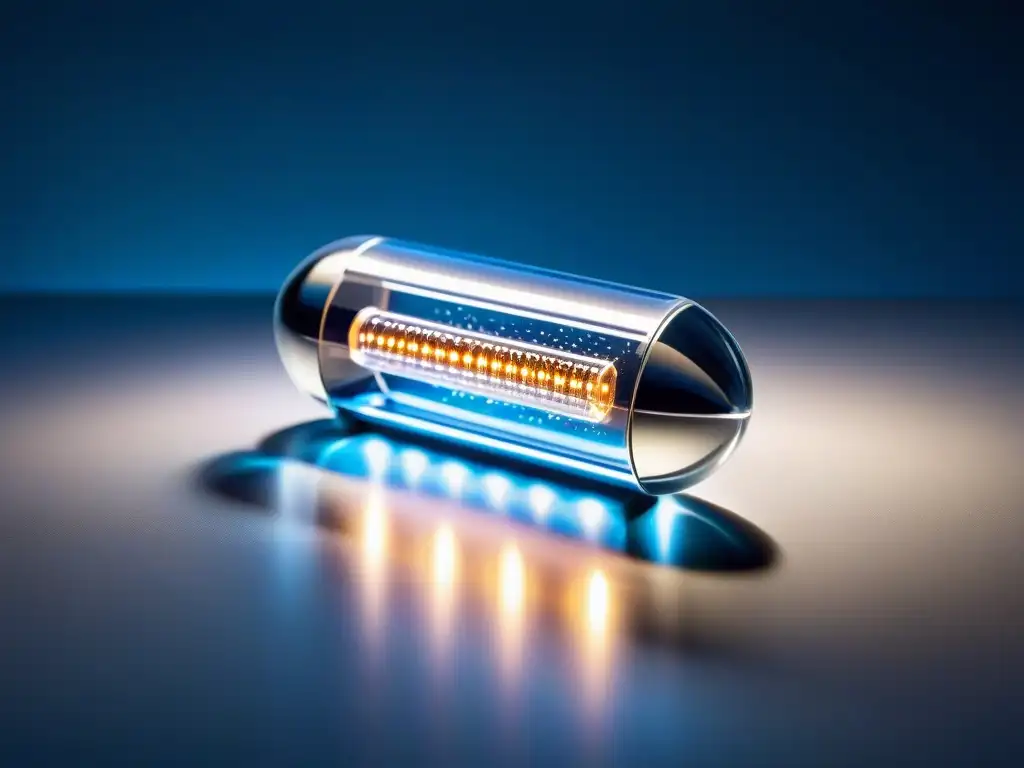 Suplemento de liberación lenta: tecnología avanzada en cápsula transparente Un suplemento de liberación sostenida, con microesferas y luces LED futuristas, refleja innovación en un laboratorio moderno