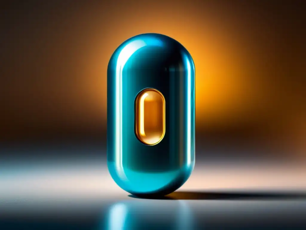Cápsula de suplemento nutricional de alta tecnología Suplemento liberación sostenida rendimiento: cápsula moderna y futurista rodeada de brillo difuso en laboratorio innovador